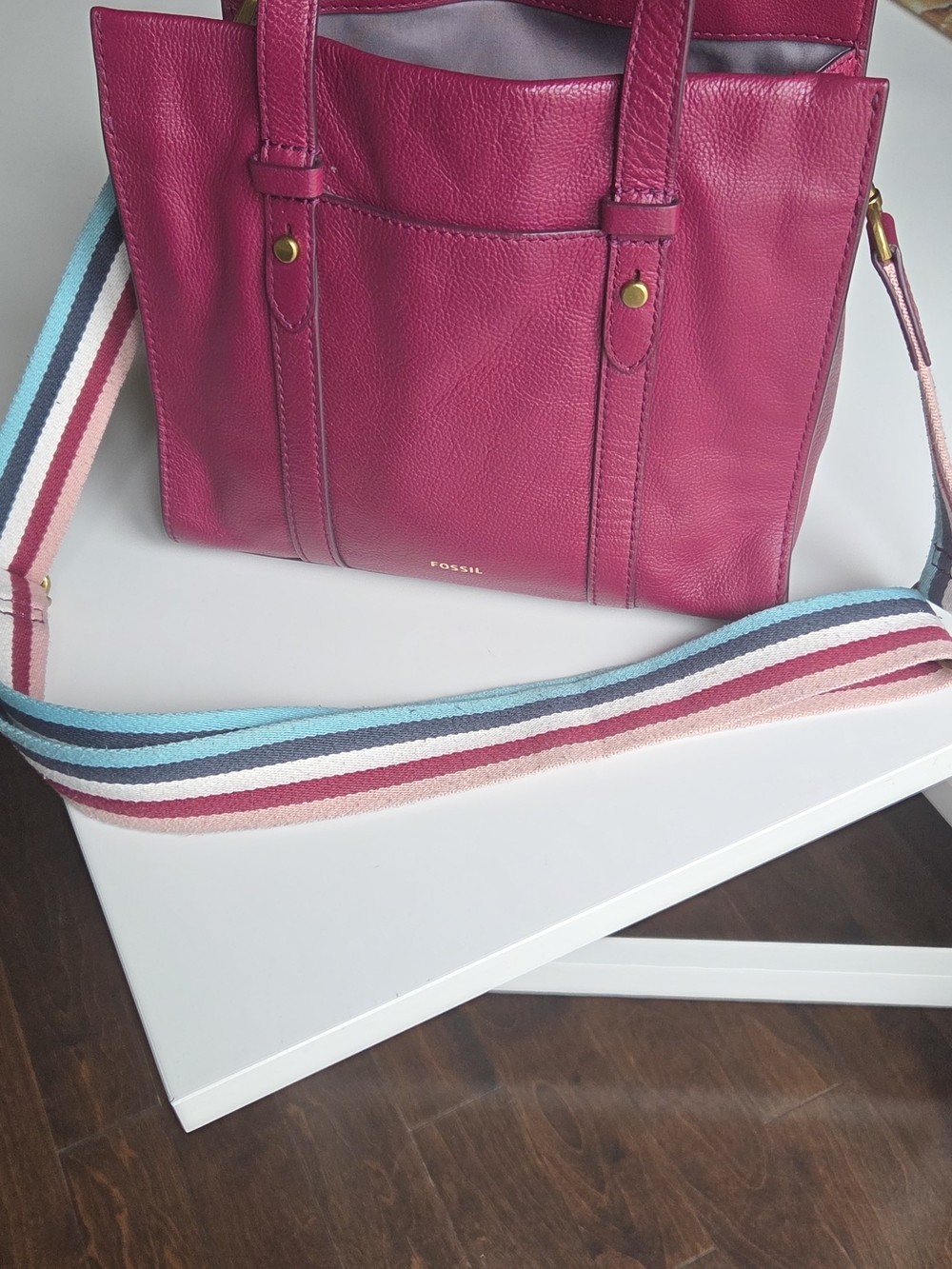 Fossil Women's Magenta Leather Tote with Striped Crossbody Strap